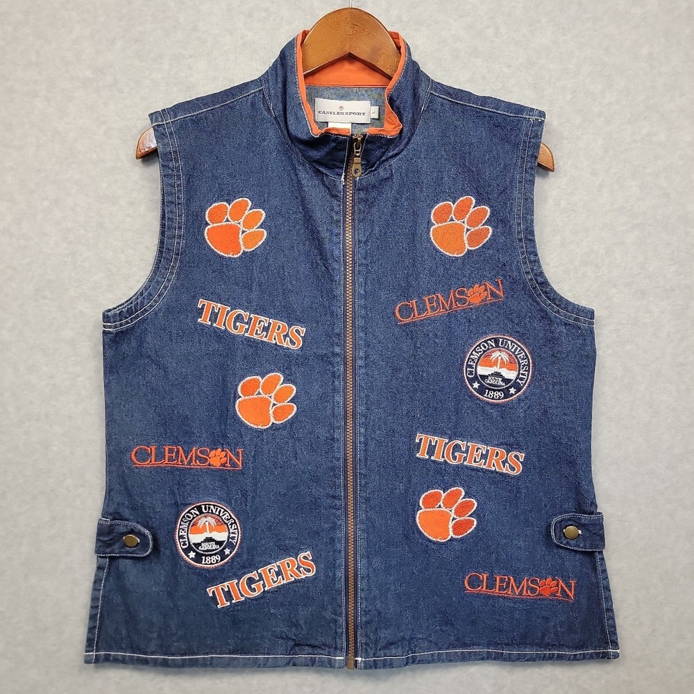 Vintage Castles Sport Clemson Tigers Denim Vest Size L College Full Zip Cotton